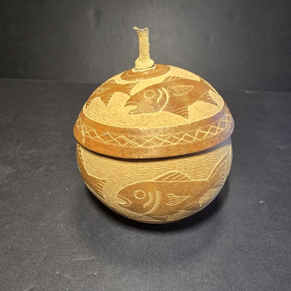 Hand Carved Gourd With Lid Small Folk Art Nautical Decor